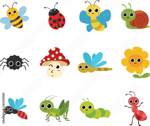 Cute bugs and insects cartoon characters, bumblebee, ladybug, ant, caterpillar, snail, spider, bee, dragonfly, grasshopper, mosquito, butterfly