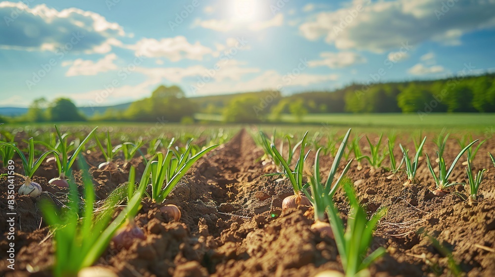Obraz premium Onion plants are neatly lined up growing on a large farm. Generative Ai.