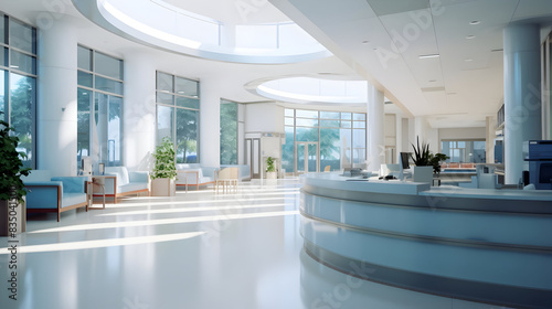Empty modern hospital corridor, clinic hallway interior background with white chairs for patients waiting for doctor visit. Contemporary waiting room in medical office. Healthcare services concept