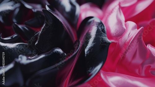 Tulip petals fashioned from magnetic ferrofluids whisper secrets in swirly, wavy patterns of dark black and pink. photo