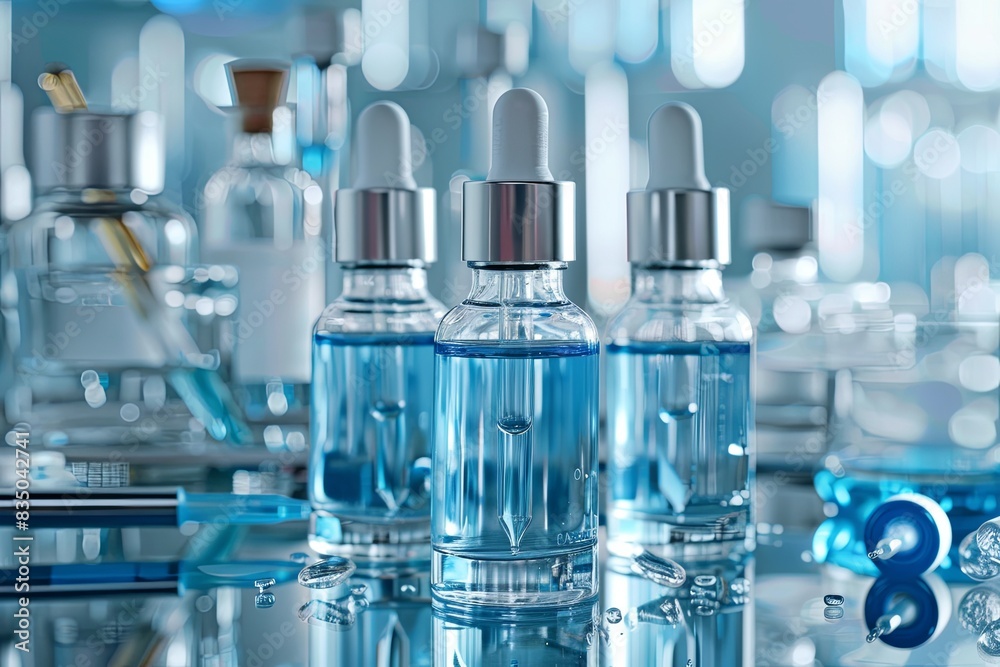Glass bottles of serum with droppers stand on a reflective surface with laboratory tools in the background. Generative AI Glass bottles of serum with droppers stand on a reflective surface with laboratory tools in the background. Generative AI