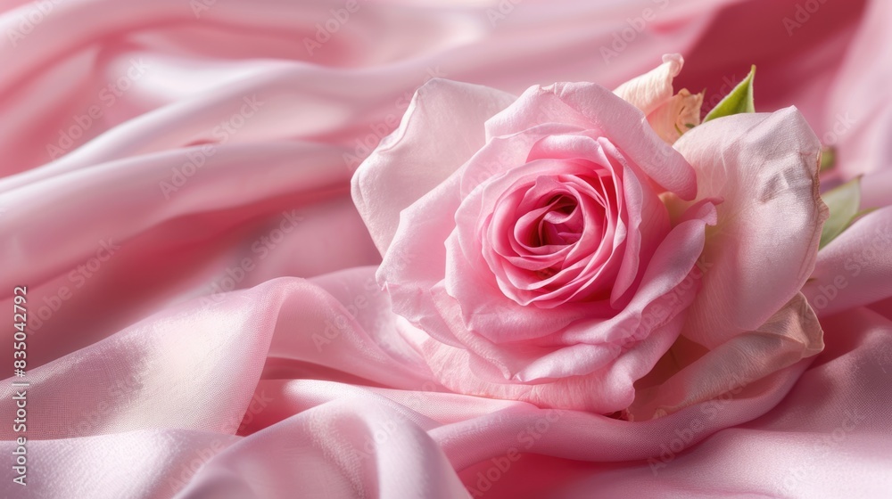 Rose flower on a draped soft pink silk fabric Rose flower on a draped soft pink silk fabric