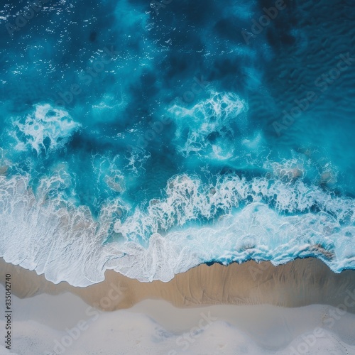 Turquoise ocean waves gently caressing sandy beach from above © volga