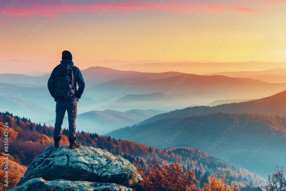 Adventurous traveler gazing at the sunset over mountain landscape