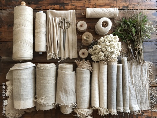 An overhead shot of a worktable with scissors, spools of organic cotton thread, and fabric swatches. The minimalist composition highlights the tools and materials used in creating fair trade clothing.
