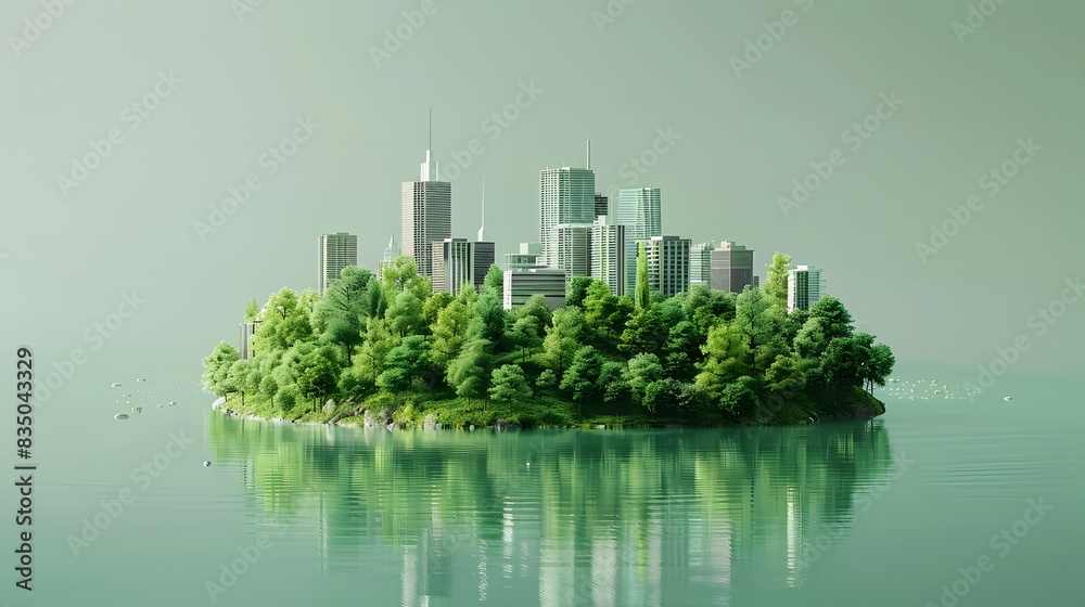 3D rendering of an island with green trees and buildings on it. This concept symbolizes environmental protection, sustainability, or sustainable development.