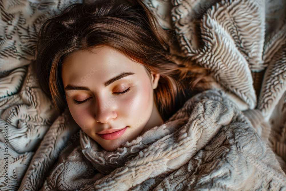 Woman lying in bed with closed eyes and blanket Woman lying in bed with closed eyes and blanket