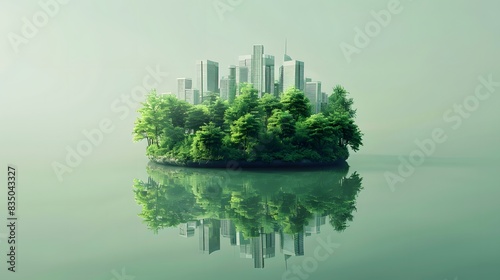 3D rendering of an island with green trees and buildings on it. This concept symbolizes environmental protection  sustainability  or sustainable development.