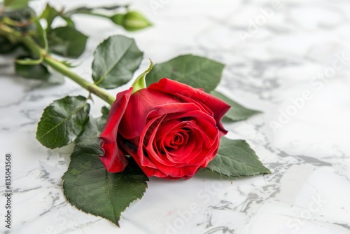 Beautiful red rose on white marble background for romantic occasions