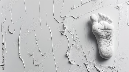 Artistic plaster sculpture of a foot imprinted on a textured white surface, highlighting the detailed and tactile nature of the artwork