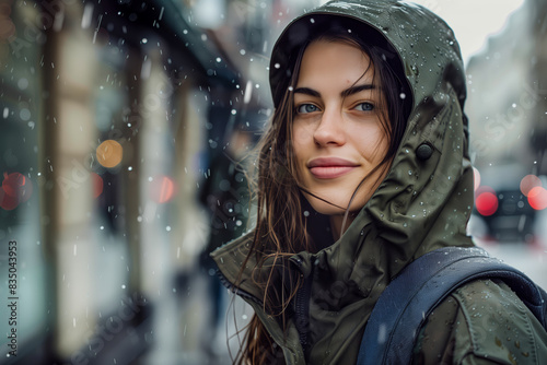 Woman in green jacket standing in snow © Tymofii