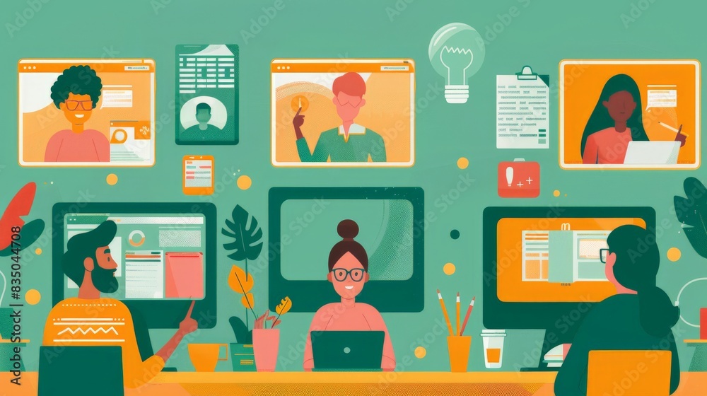 A flat design illustration depicting a character attending a virtual study session with peers, each on their own devices. The minimalist background emphasizes the collaborative aspect of online A flat design illustration depicting a character attending a virtual study session with peers, each on their own devices. The minimalist background emphasizes the collaborative aspect of online