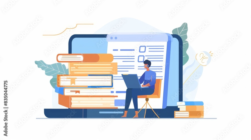 An illustration in 2D flat style showing a character participating in an e-learning platform, completing assignments and quizzes online. The minimalist design emphasizes the user-friendly interface An illustration in 2D flat style showing a character participating in an e-learning platform, completing assignments and quizzes online. The minimalist design emphasizes the user-friendly interface