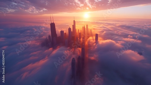 A city skyline partially obscured by low hanging clouds  with tall buildings standing out against the misty sky at sunrise.
