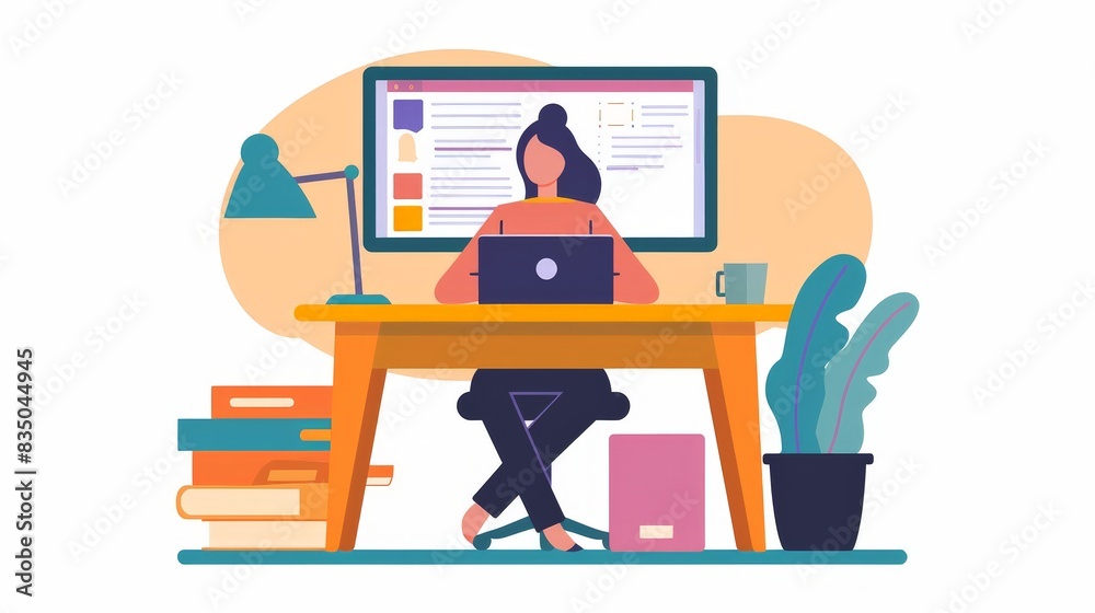 A flat design illustration of a character attending a virtual workshop or seminar, gaining new skills through online education. The minimalist background emphasizes the accessibility and convenience A flat design illustration of a character attending a virtual workshop or seminar, gaining new skills through online education. The minimalist background emphasizes the accessibility and convenience