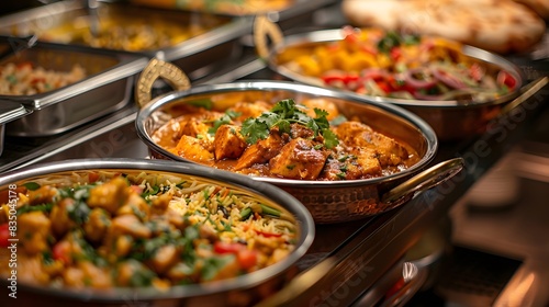 Wallpaper Mural A close-up shot of the delicious dishes in stainless steel chafing hearth boxes, creating an attractive display for diverse food items like colorful salad leaves. Torontodigital.ca