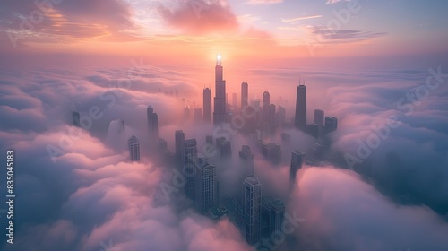 A city skyline partially obscured by low hanging clouds, with tall buildings standing out against the misty sky at sunrise. © horizon