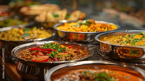 A close-up shot of the delicious dishes in stainless steel chafing hearth boxes, creating an attractive display for diverse food items like colorful salad leaves. photo