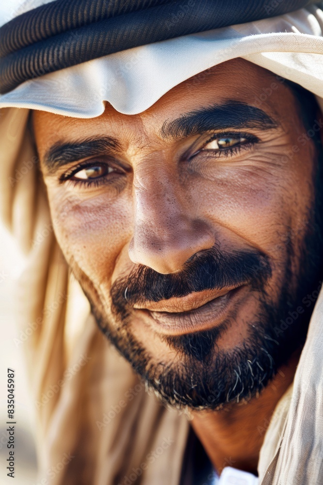 Captivating portrait of a smiling bearded man with traditional headscarf Captivating portrait of a smiling bearded man with traditional headscarf