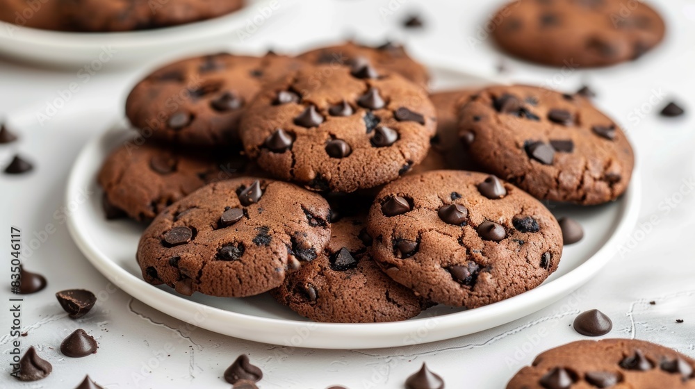 Chocolate chip cookies on a white plate with scattered chocolate pieces Chocolate chip cookies on a white plate with scattered chocolate pieces