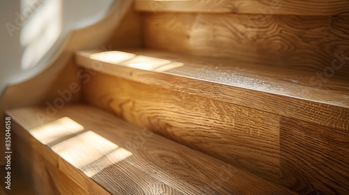 A close-up shot of the wooden steps on an oak staircase  showcasing their texture and natural beauty in a bright room with sunlight streaming through a window.