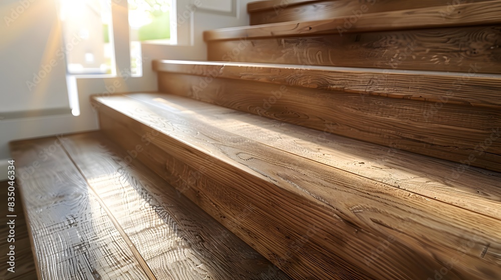 A close-up shot of the wooden steps on an oak staircase, showcasing their texture and natural beauty in a bright room with sunlight streaming through a window. A close-up shot of the wooden steps on an oak staircase, showcasing their texture and natural beauty in a bright room with sunlight streaming through a window.