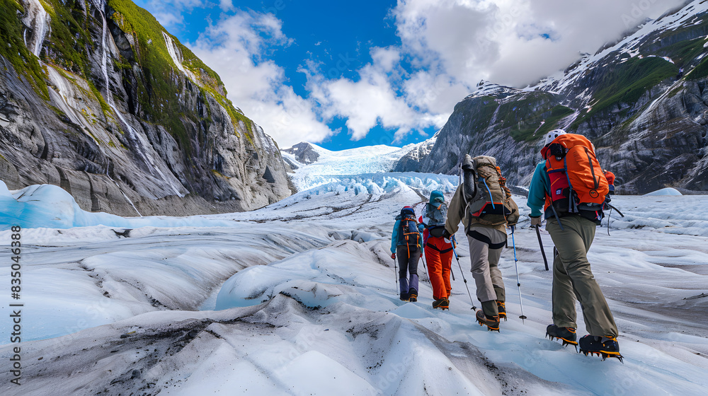 Group of Hikers Trekking Across Glacial Landscape in Majestic Mountains Under Blue Sky