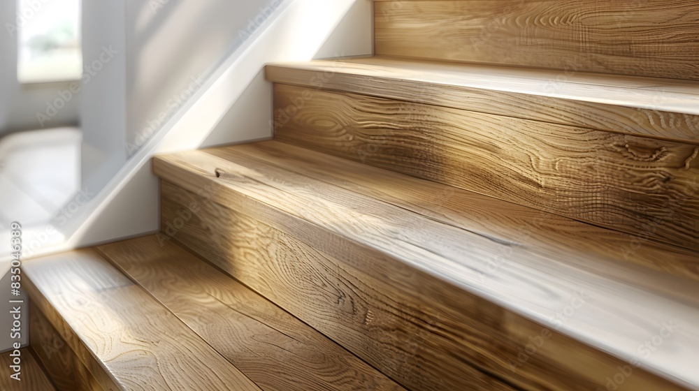 A close-up shot of the wooden steps on an oak staircase, showcasing their texture and natural beauty in a bright room with sunlight streaming through a window.