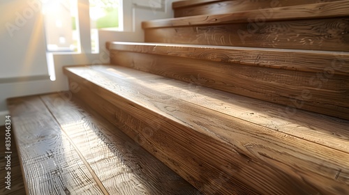 A close-up shot of the wooden steps on an oak staircase, showcasing their texture and natural beauty in a bright room with sunlight streaming through a window. © horizon