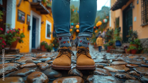 Photorealistic image of a couples feet with Love is Love socks, standing on a cobblestone street The background is a lively festival scene © Parinwat Studio