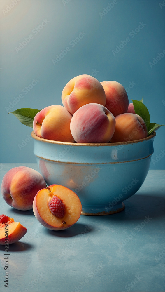 Fresh peaches in a blue ceramic bowl Fresh peaches in a blue ceramic bowl