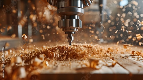 A closeup shot of a CNC wood router in action, with its drill bit creating intricate patterns on the surface of the wooden material, inside a workshop environment.