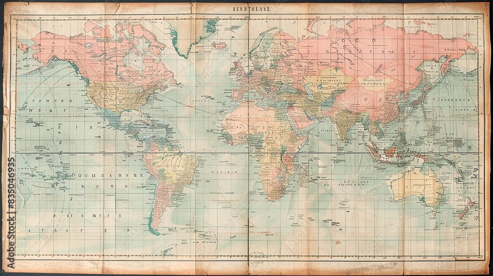 A world map drawn on old vintage paper.