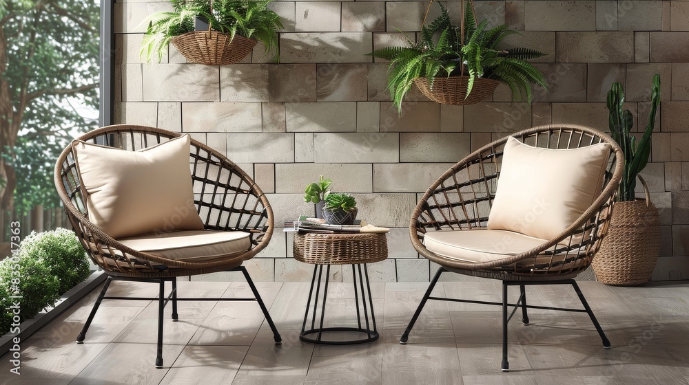 Elegant 3-piece patio set with rattan chairs and a black metal frame, featuring beige cushions and a small round side table. The set is complemented by a hanging plant in a pot on the wall behind, cre Elegant 3-piece patio set with rattan chairs and a black metal frame, featuring beige cushions and a small round side table. The set is complemented by a hanging plant in a pot on the wall behind, cre