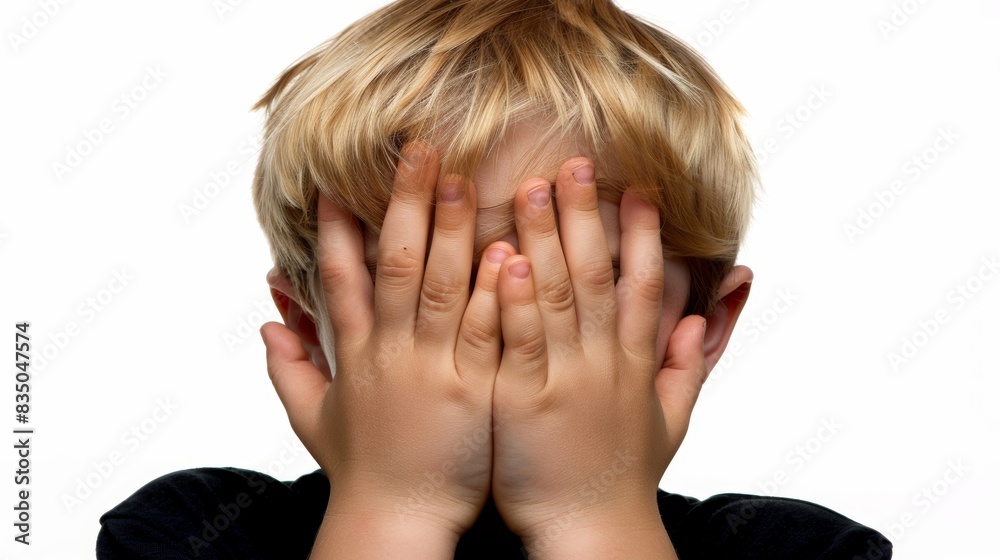 Young child covering face with hands in a playful gesture Young child covering face with hands in a playful gesture