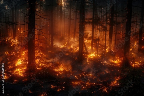 Fire in the forest, flames and smoke on ground.