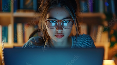 A focused young woman with glasses is sitting at her laptop, intently looking at the screen as she reads an online course material in low light.