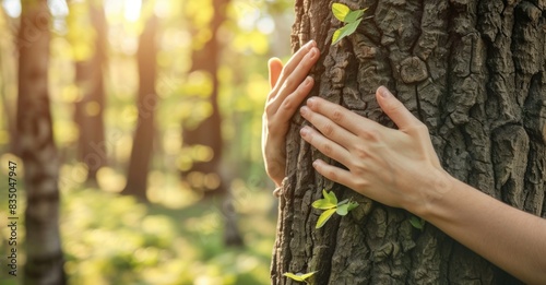Young girl's hands holding and embracing the trunks in a green forest. photo