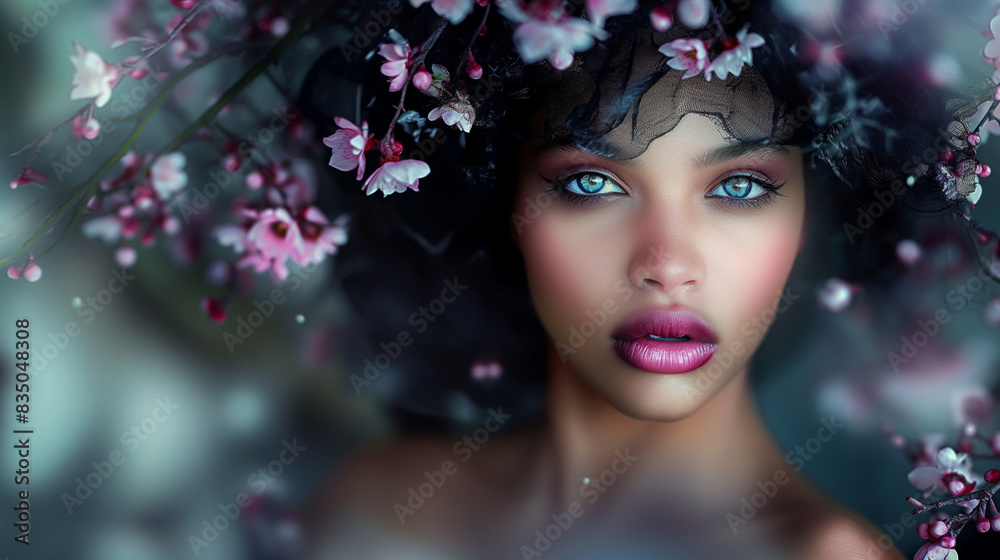 Beauty banner with Enchanting Portrait of a Woman Surrounded by Blooming Flowers. Generative AI Beauty banner with Enchanting Portrait of a Woman Surrounded by Blooming Flowers. Generative AI