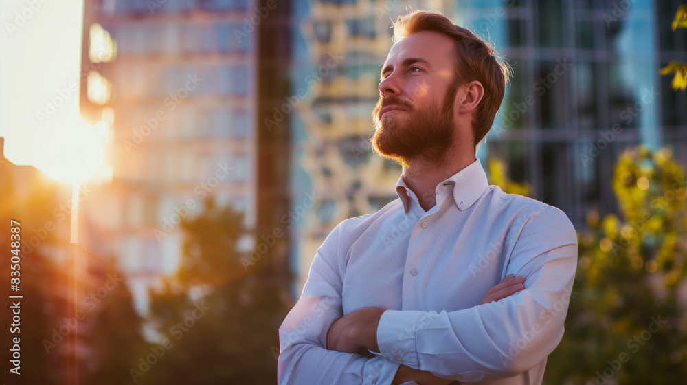Obraz premium Confident businessman looking towards the future in an urban setting