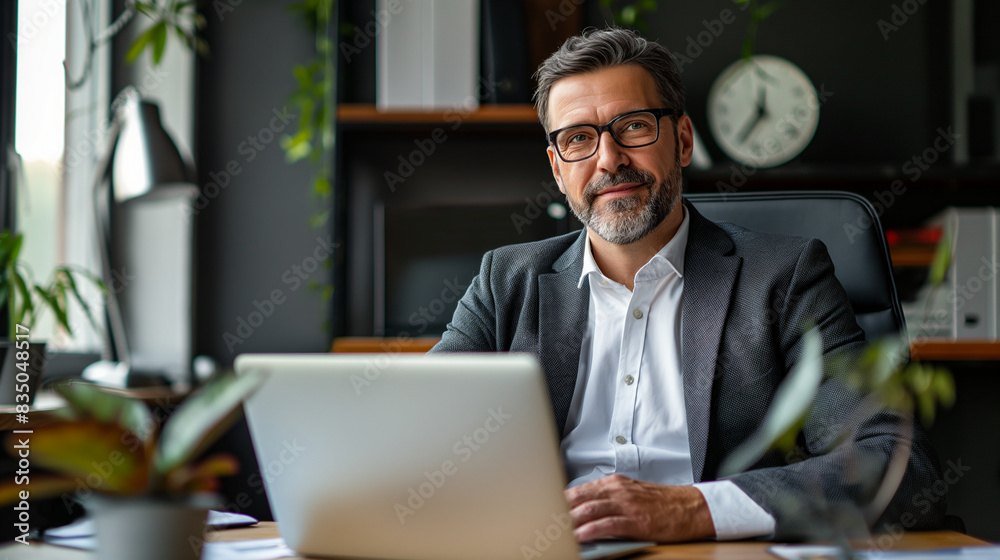 Young professional with beard looking thoughtfully while sitting at desk in modern office. Generative AI Young professional with beard looking thoughtfully while sitting at desk in modern office. Generative AI