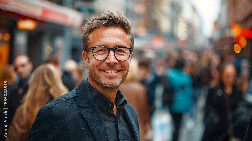 A handsome businessman with glasses and short hair is standing in the middle of an outdoor crowd, smiling at the camera. A handsome businessman with glasses and short hair is standing in the middle of an outdoor crowd, smiling at the camera.