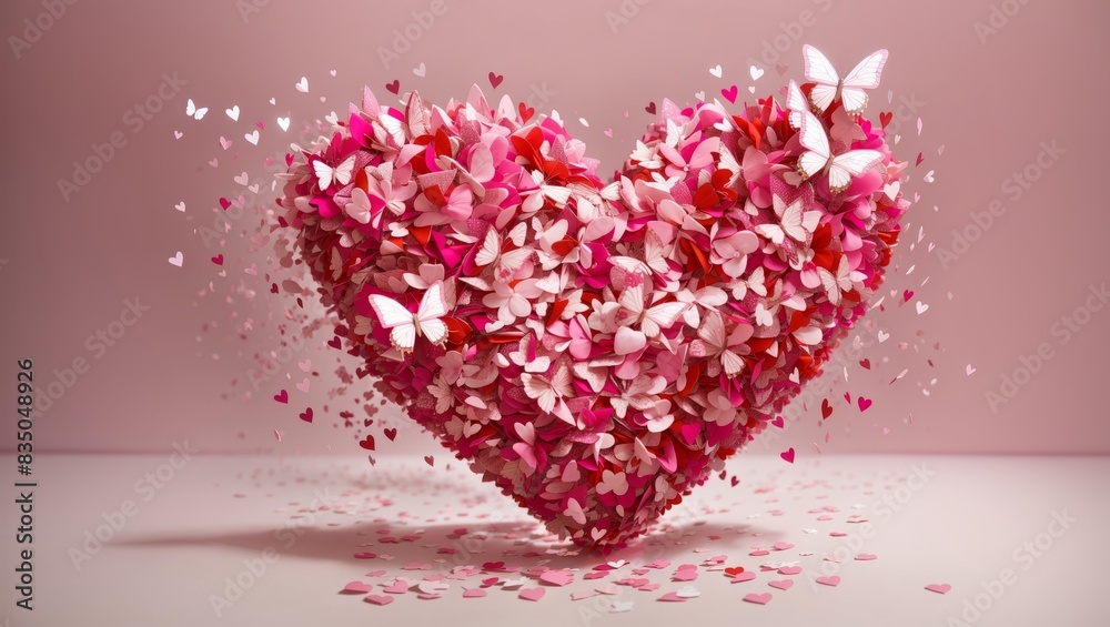 Heart, love symbol made with pink and red butterflies and confetti. Heart, love symbol made with pink and red butterflies and confetti.