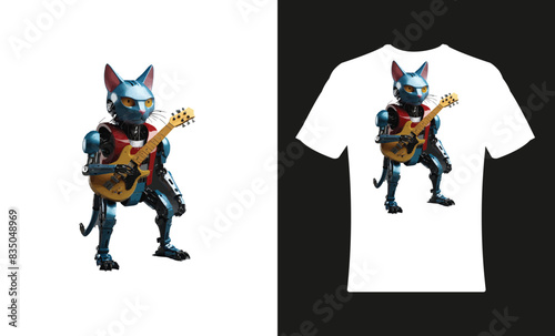 A blue robot cat in a t shirt design is stading with a guiter