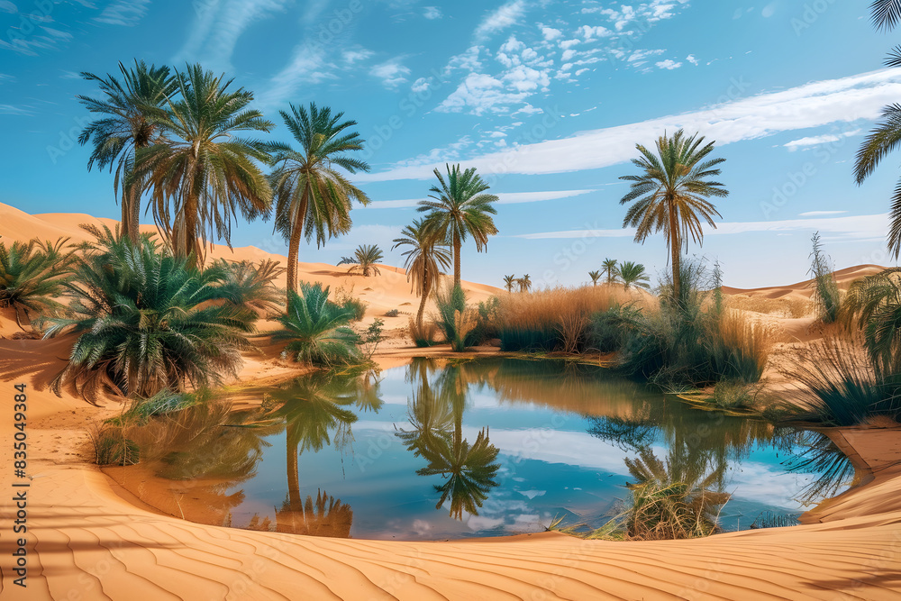 Obraz premium Serene Desert Oasis with Palm Trees and Reflection in Water Amidst Sandy Dunes under Blue Sky