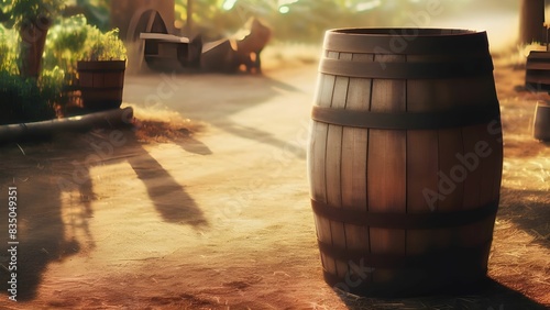 a wooden classic barrel in barn put on the hay	