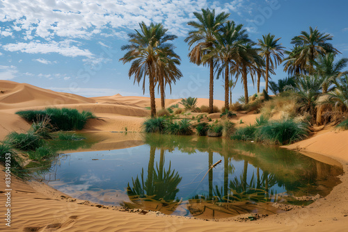 Tranquil Desert Oasis with Palm Trees Reflecting in the Water under Blue Sky in the Sahara Desert
