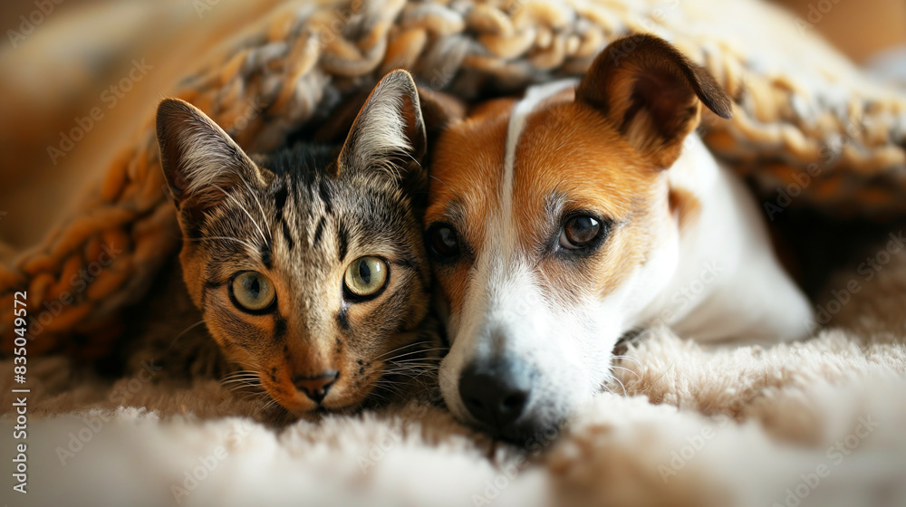 custom made wallpaper toronto digitalCozy Companions: a cat and a dog snuggled together under a blanket. Generative AI