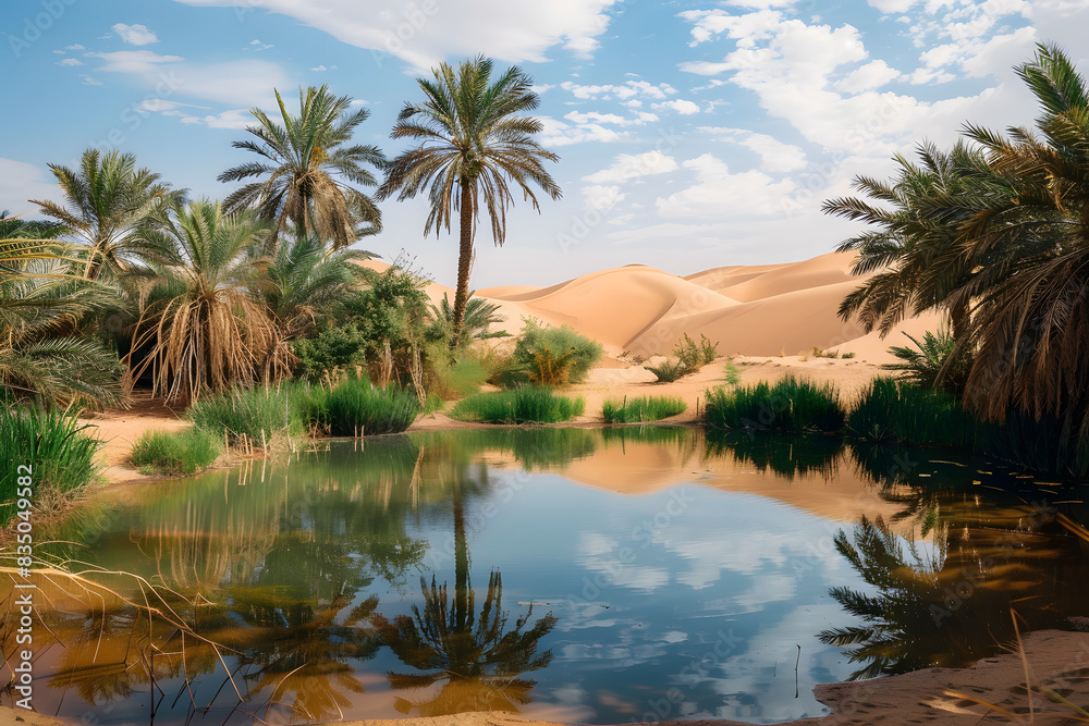 Serene Desert Oasis with Palm Trees and Reflective Water Amidst Sand Dunes under a Clear Blue Sky