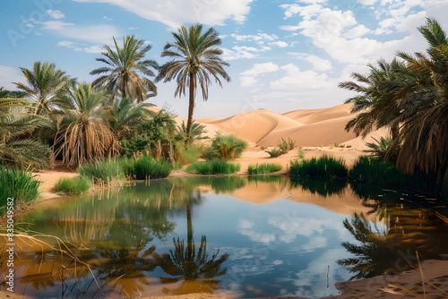 Serene Desert Oasis with Palm Trees and Reflective Water Amidst Sand Dunes under a Clear Blue Sky